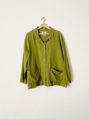 Flax MEDIUM 100% linen lime green long sleeve pocketed shirt
